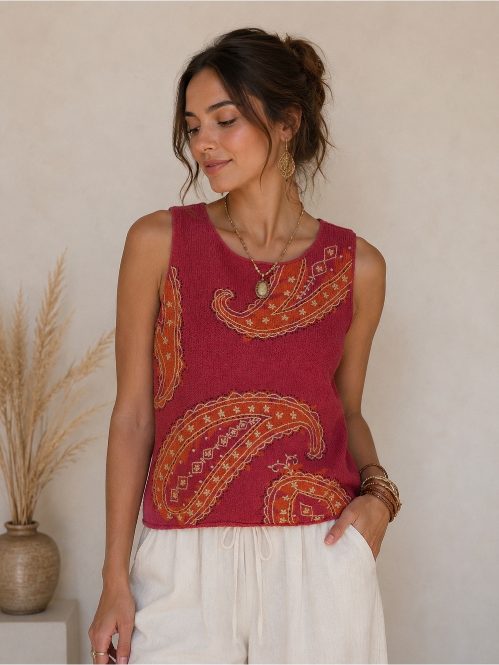 Vintage Susan Bristol Paisley Knit Tank Top Boho Cottagecore Sleeveless